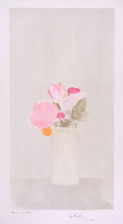 Litografía Cathelin - Bouquet de roses au fond gris - Bouquet of roses on a grey background