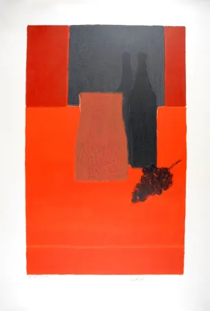 Litografía Cathelin - Nature morte à la nappe rouge et à la grappe de raisin - Still Life with bunch of grapes on a red tablecloth