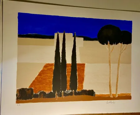 Litografía Cathelin - Paysage aux cyprès