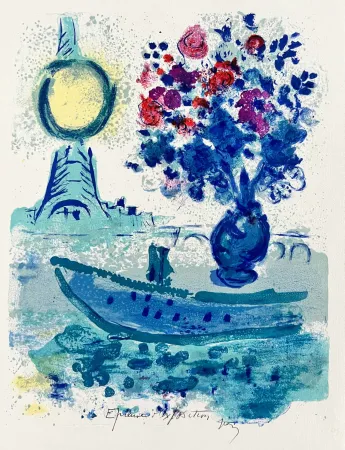 Litografía Chagall - Bateau Mouche au Bouquet