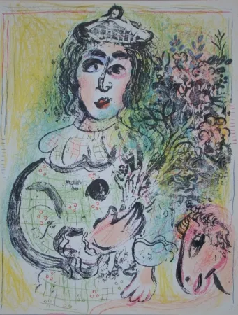 Litografía Chagall - Clown avec des fleurs
