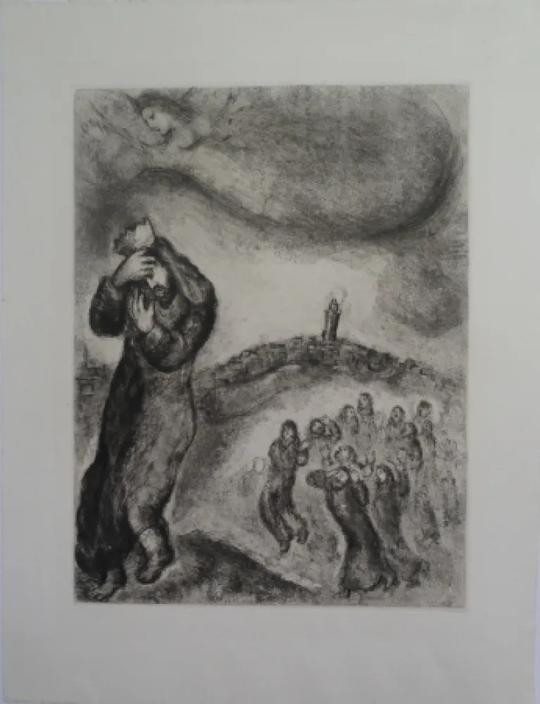 Grabado Chagall - David montant la colline des oliviers