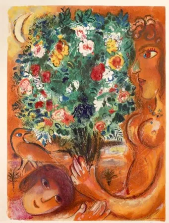 Litografía Chagall - Femme au bouquet (Woman with Bouquet)