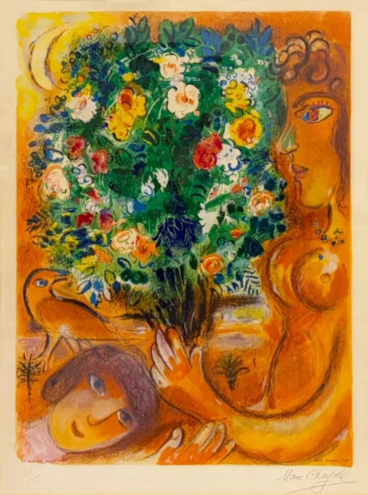 Litografía Chagall - Femme au bouquet (Woman with Bouquet)