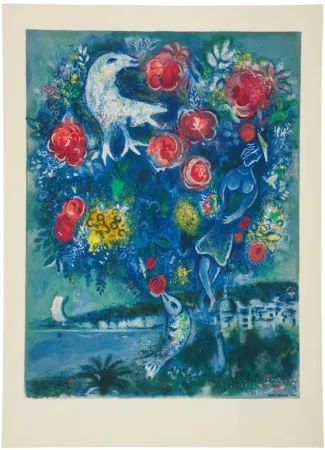 Litografía Chagall - La baie des Anges au bouquet de roses (Angel Bay with a Boquet of Roses)