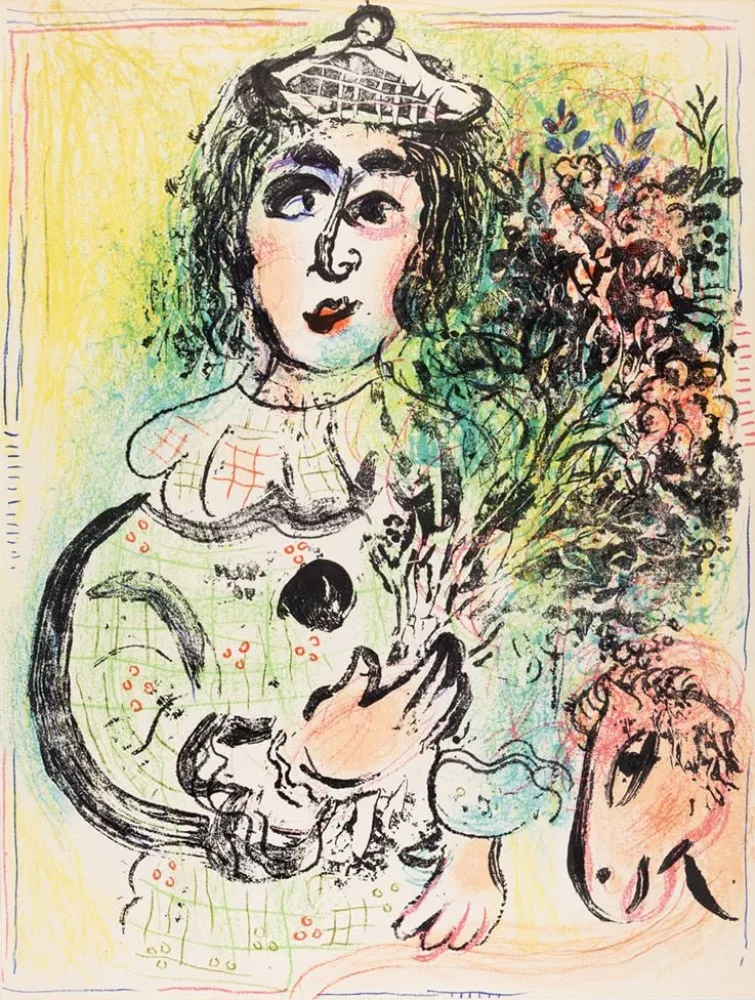 Litografía Chagall - Le clown fleuri