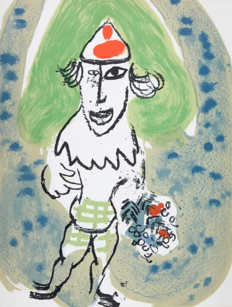 Litografía Chagall - Le clown vert avec bouquet de fleurs, 1966
