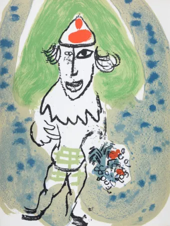 Litografía Chagall - Le clown vert avec bouquet de fleurs, 1966