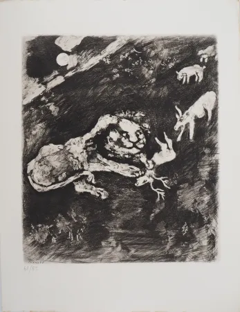 Grabado Chagall - Le lion fourbe (La Génisse, la Chèvre, et la Brebis, en société avec le Lion)