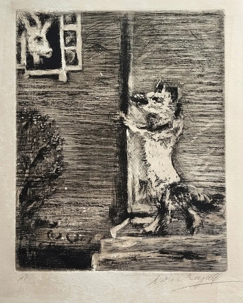 Aguafuerte Chagall - Le Loup, La chevre, et le chevreau, from La Fontaine. Les fables