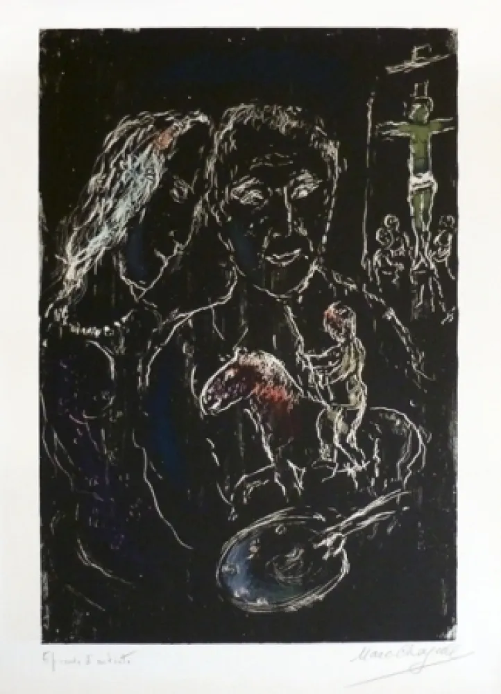 Litografía Chagall - Le peintre sur fond noir