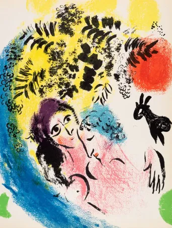 Litografía Chagall - Les Amoureux au Soleil Rouge