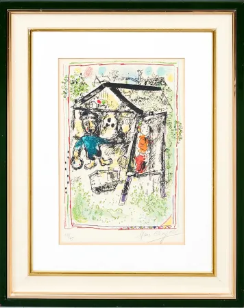 Litografía Chagall - Marc Chagall (1887–1985) - Le Peintre devant le Village I - Color lithograph on Arches paper - 1969