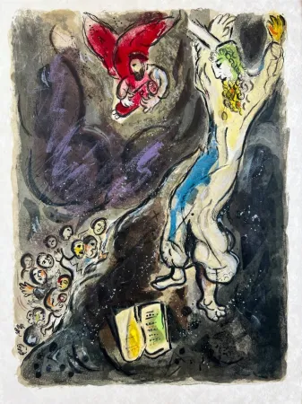 Litografía Chagall -  Moses wrath waxed hote, and he cast the Tables out of his handes, and brake them in pieces beneath the mountaine