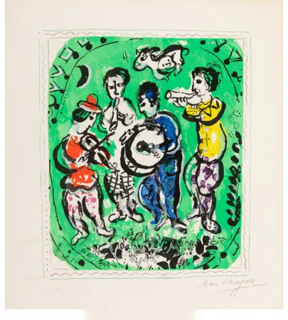Litografía Chagall - Musiciens sur fond vert