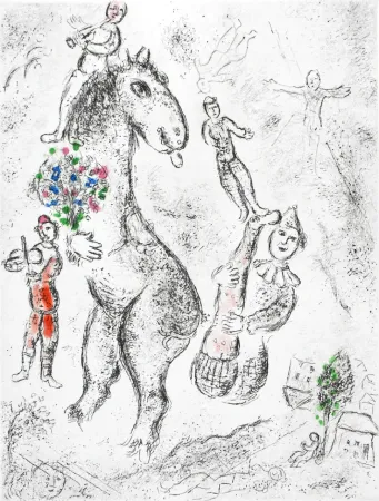 Aguafuerte Y Aguatinta Chagall - Original etching «Horse, violinist and clown» from «Celui qui dit les choses sans rien dire» (1976)