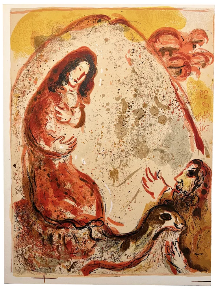Litografía Chagall - RACHEL DÉROBE LES IDOLES DE SON PÈRE (Dessins pour la Bible, 1960)