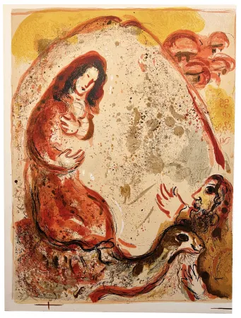Litografía Chagall - RACHEL DÉROBE LES IDOLES DE SON PÈRE (Dessins pour la Bible, 1960)