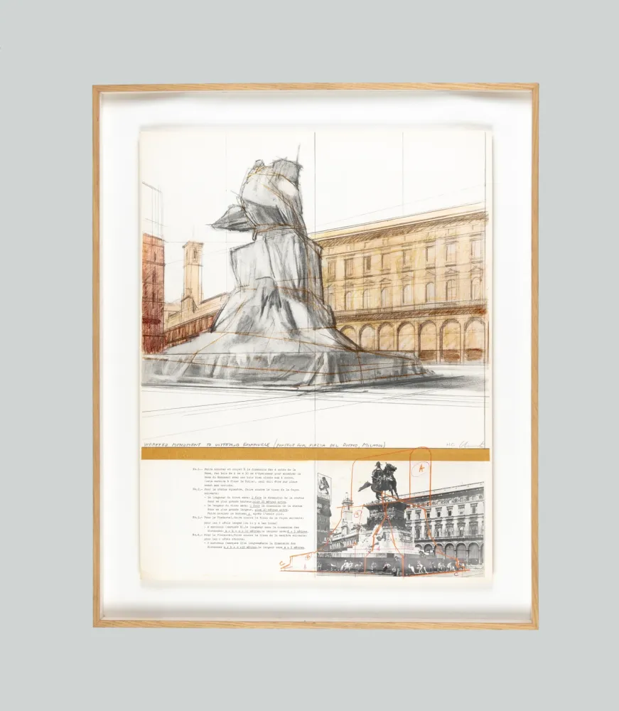 Litografía Christo - Wrapped Monument to Vittorio Emanuele, Project for Piazza del Duomo, Milan