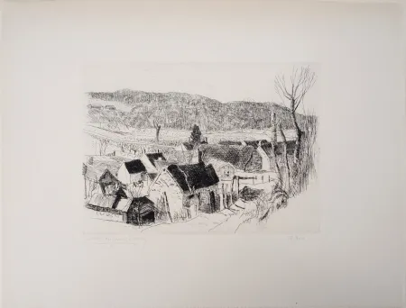 Grabado Clairin - Paysage de campagne, village de Saint-Loup