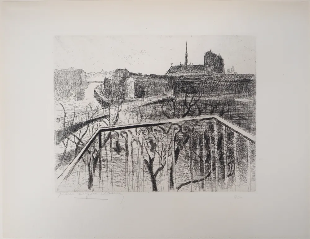 Grabado Clairin - Vue parisienne sur Notre-Dame