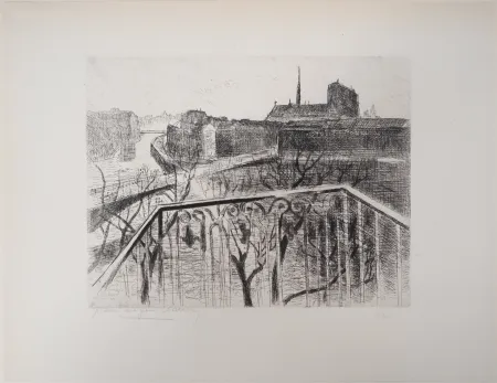 Grabado Clairin - Vue parisienne sur Notre-Dame
