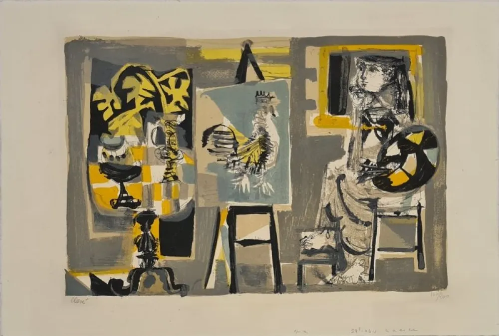 Litografía Clavé - La Femme-peintre au coq 