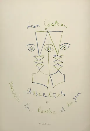 Litografía Cocteau - Assiettes - Nourrir la bouche et les yeux