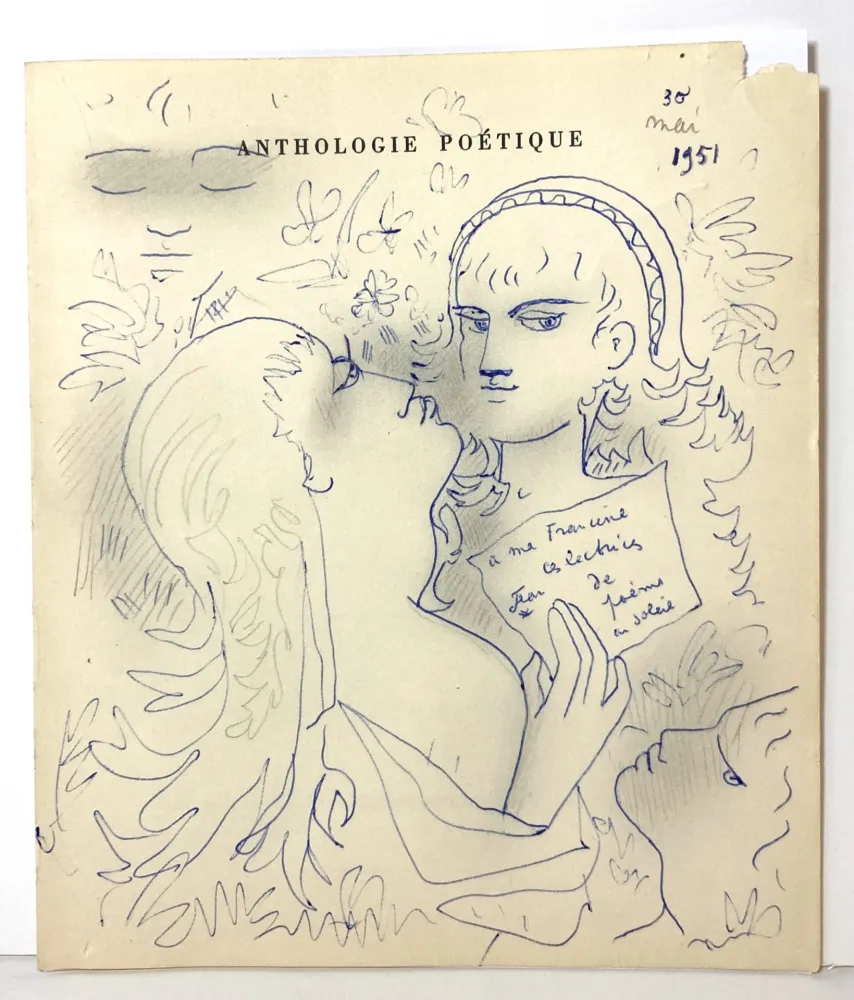 Sin Técnico Cocteau - Dessin au stylo bleu et mine de plomb,