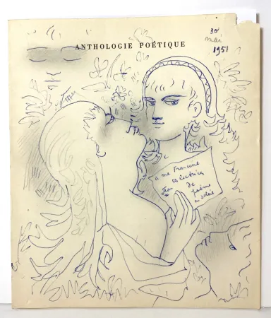 Sin Técnico Cocteau - Dessin au stylo bleu et mine de plomb,