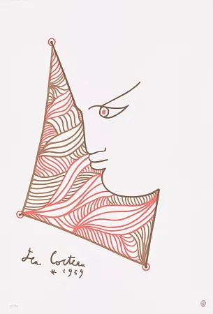 Litografía Cocteau - Profil brun et rouge 