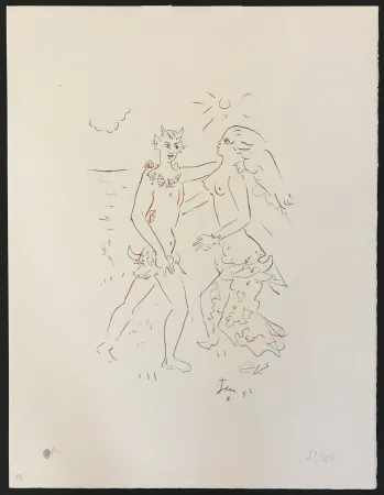 Litografía Cocteau - Satyr and Nymph
