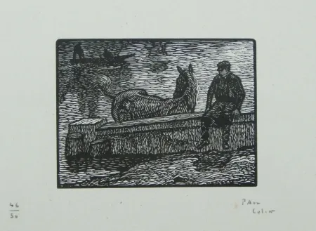 Grabado En Madera Colin - Le cheval au bain
