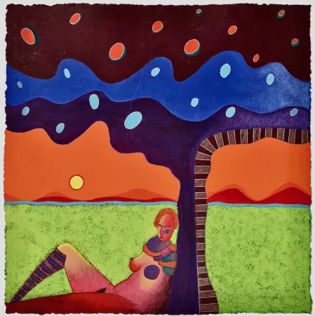 Sin Técnico Cora - Figura feminina recostada contra el arbol