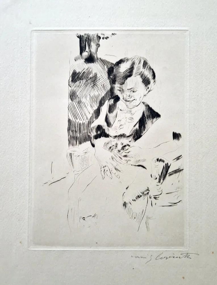 Aguafuerte Corinth - Frau mit Katzen