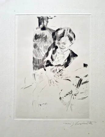 Aguafuerte Corinth - Frau mit Katzen