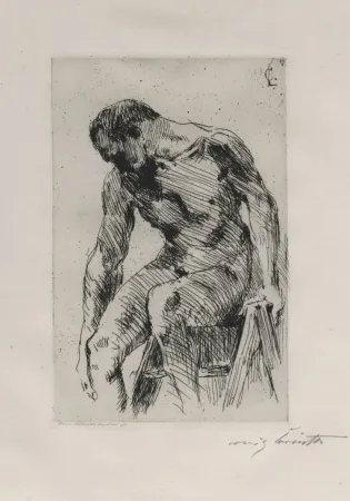 Aguafuerte Corinth - Sitzender männlicher Akt