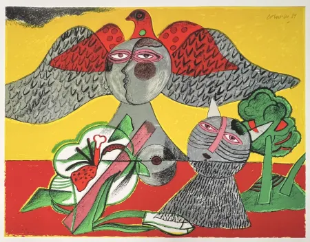 Estampa Numérica Corneille - Chat, Fleur et Oiseau, 1984, Tirage à 45 ex.