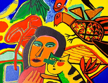 Litografía Corneille - Corneille (1922–2010) – Vrouw, vogels en kat – Color lithograph on paper – 1996