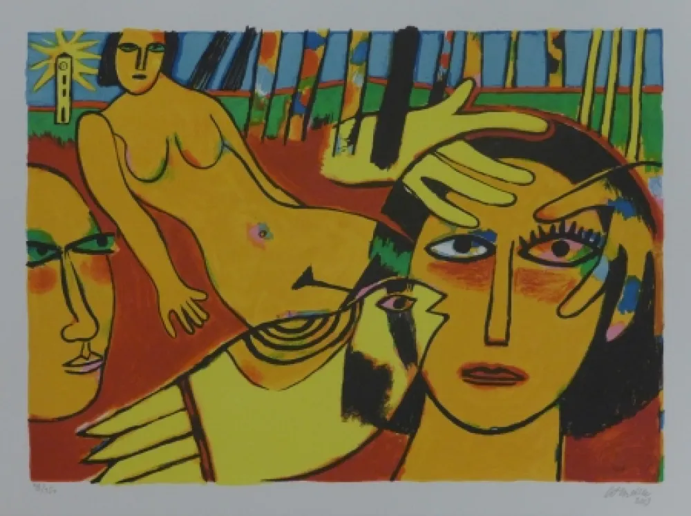 Litografía Corneille - Femme à l'oiseau