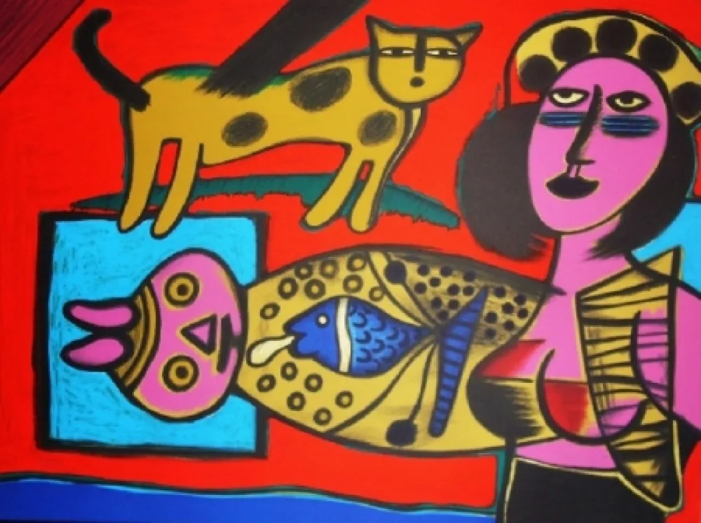 Litografía Corneille - Femme et chat