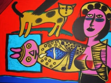 Litografía Corneille - Femme et chat