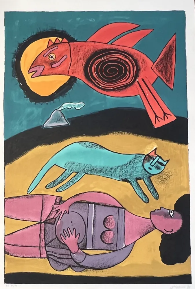 Litografía Corneille - Grande lithographie encadrée Grand Oiseau du désert 1999