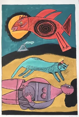 Litografía Corneille - Grande lithographie encadrée Grand Oiseau du désert 1999