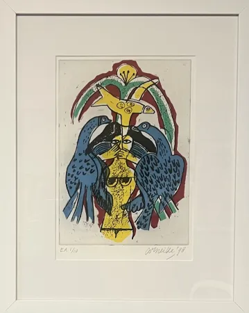 Grabado Corneille - Gravure encadrée, Femme et oiseaux, EA 1/10, 1998