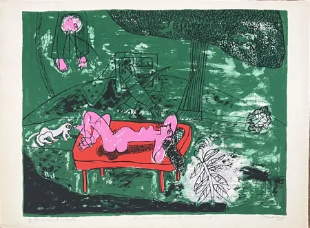 Litografía Corneille - Lithographie ancienne Fenêtre ouverte sur le divan rouge,