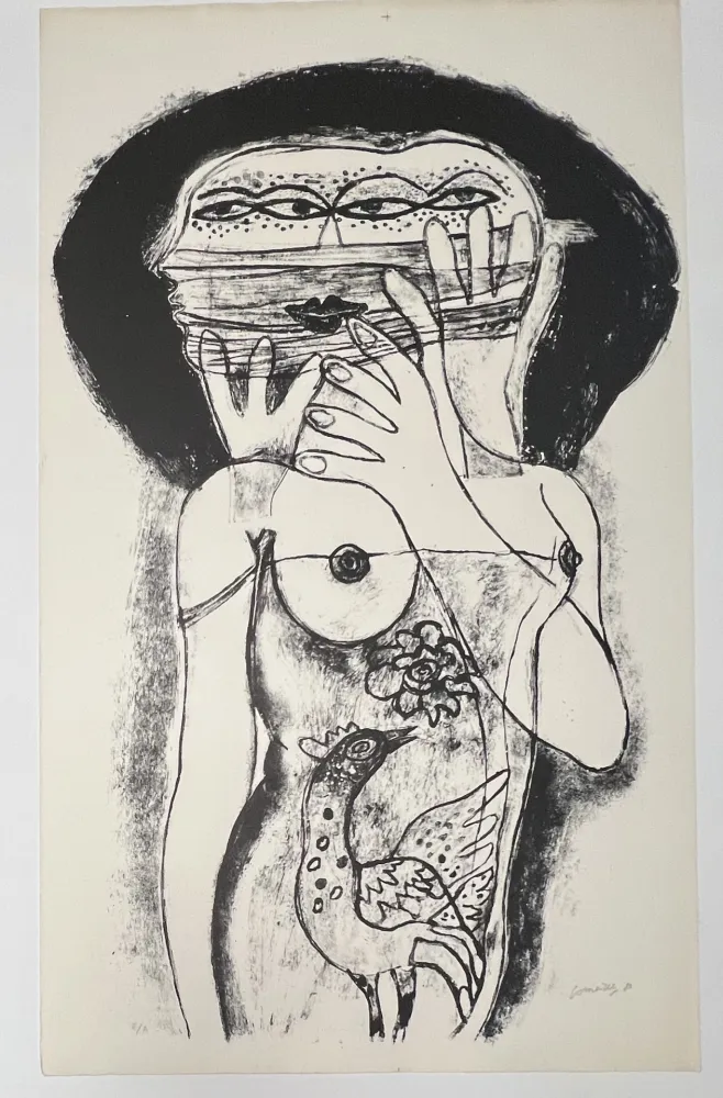 Sin Técnico Corneille -  Lithographie ancienne La femme aux trois viages, 1980