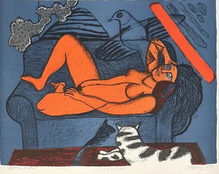 Litografía Corneille - Lithographie ancienne Le divan bleu 1988