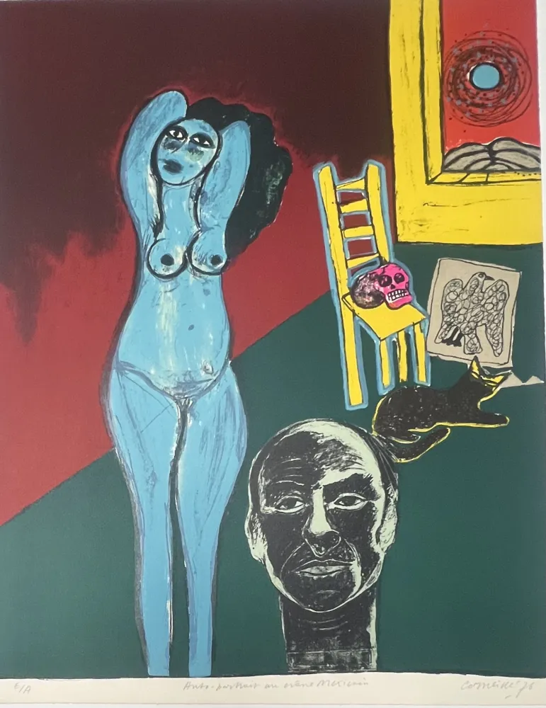 Litografía Corneille -  Lithographie Autoportrait au crâne Mexicain 1976 E/A