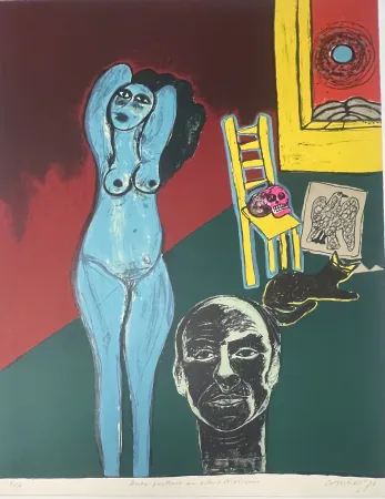 Litografía Corneille -  Lithographie Autoportrait au crâne Mexicain 1976 E/A